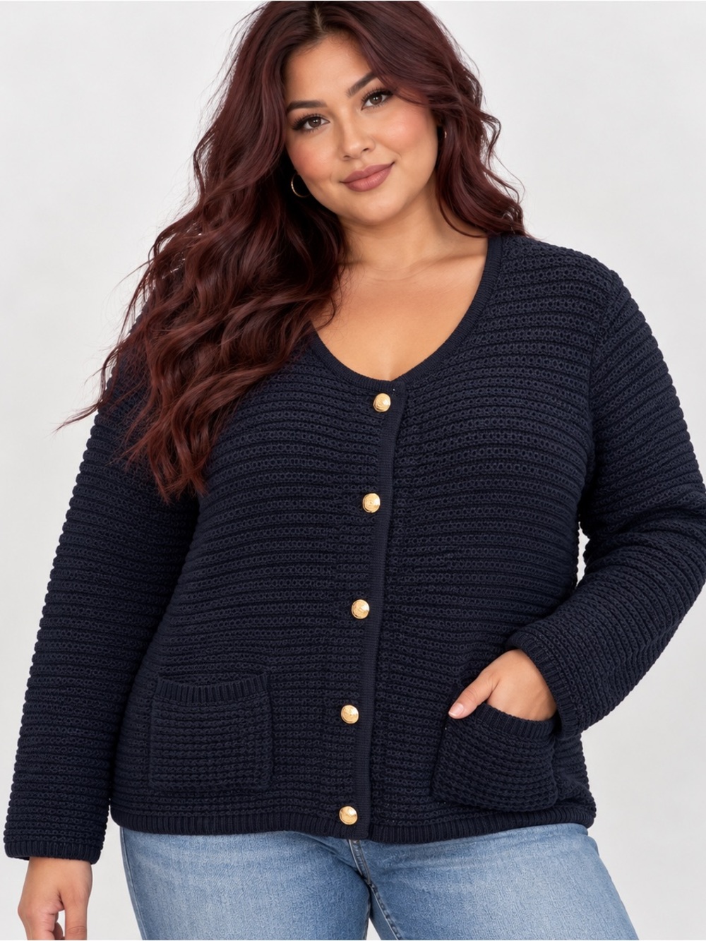 Talbots Navy Textured Knit Cardigan Gold Button Pocket Sweater